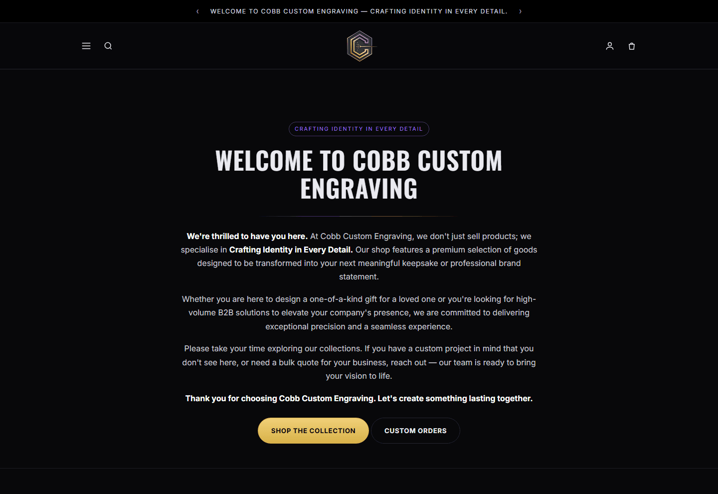 Cobb Custom Engraving custom engraving website designed by Pixelyte